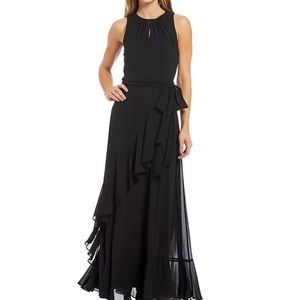 Colette Sleeveless Tie Waist Tiered Ruffle Hem Maxi Gown